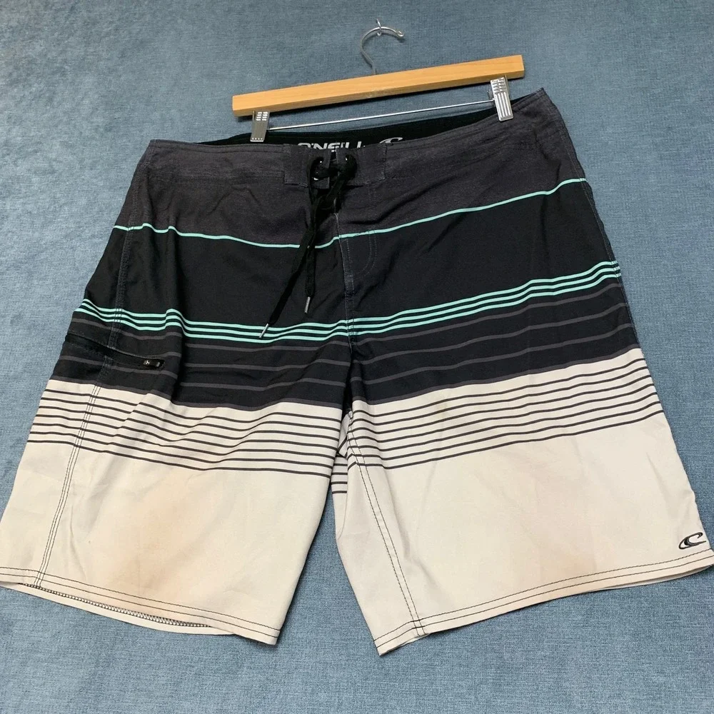 O'Neill Board Shorts Mens 38 Multicolor Logo Straight Leg Striped Summer Beach